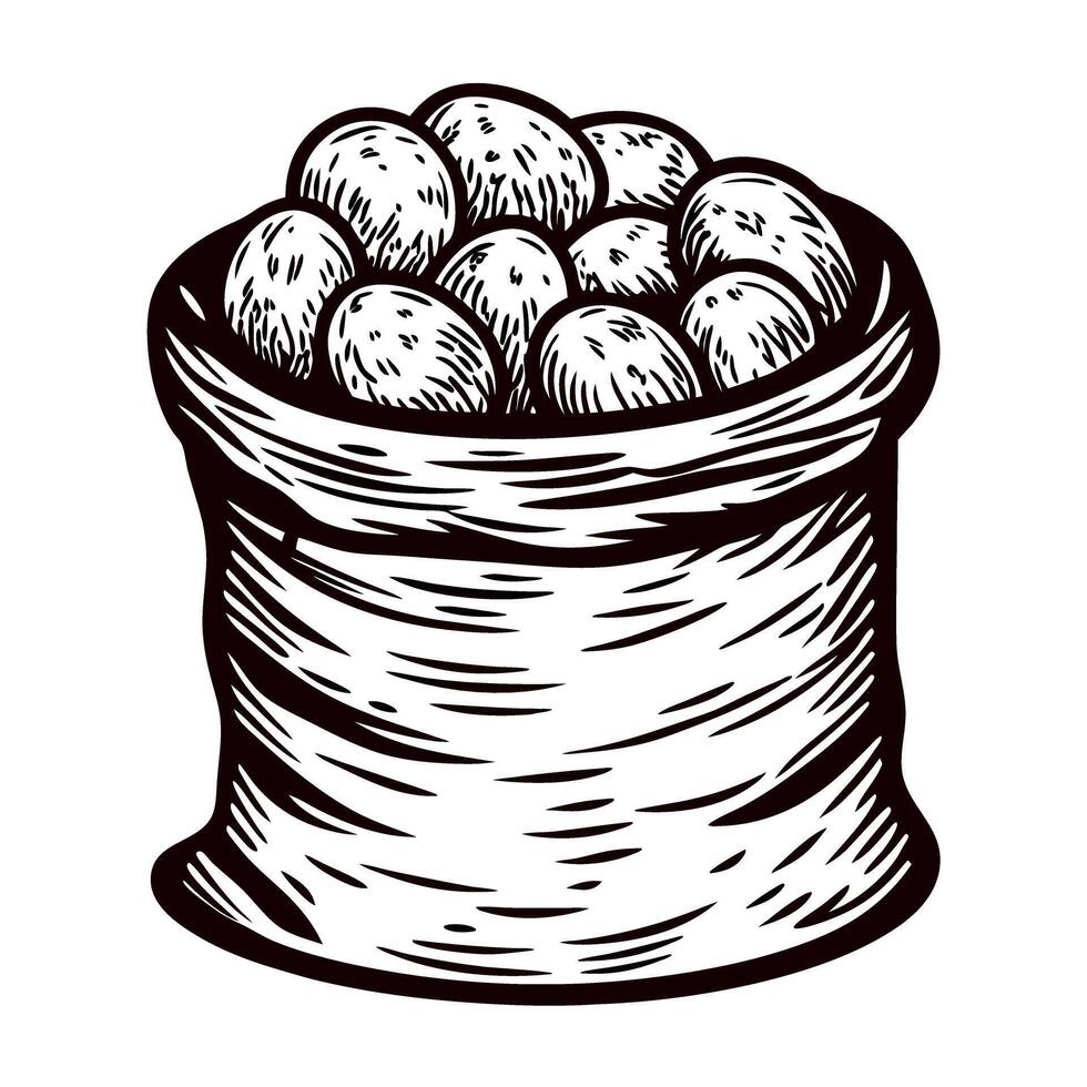 Hand drawn sack filled with potatoes vintage engraving illustration of potato bag isolated on white background vector