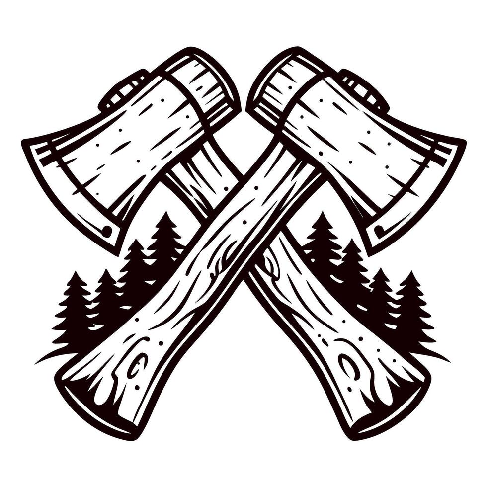Crossed wooden axes with detailed forest trees background in vintage engraving illustration vector