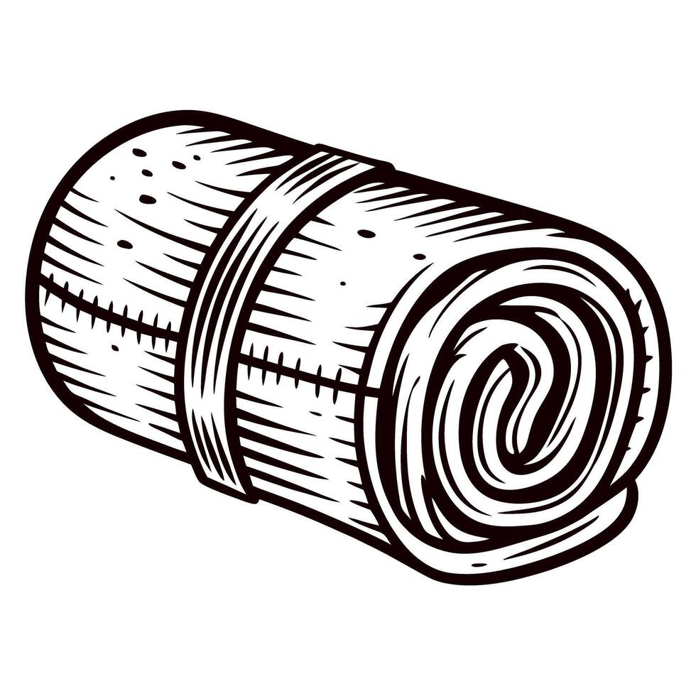 Hand drawn rolled blanket illustration vintage sleeping mat or camping bedding sketch isolated on white background vector