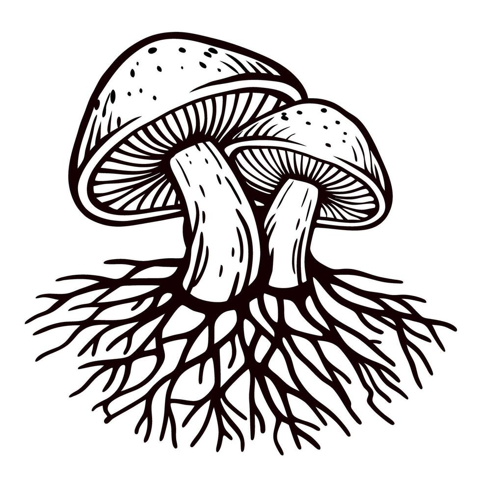 Hand drawn illustration of two wild mushrooms with visible roots isolated on white background vector
