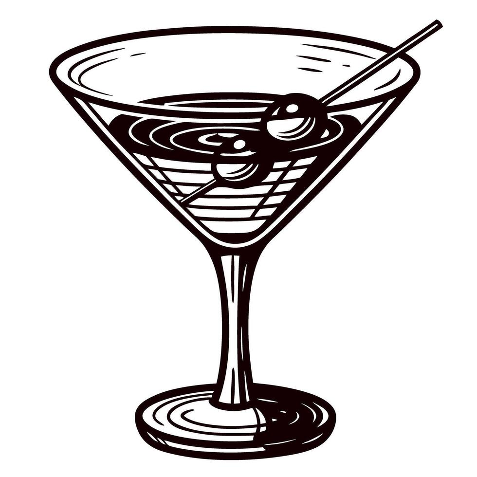 Hand drawn martini glass with olives on toothpick vintage engraved sketch illustration isolated on white background vector