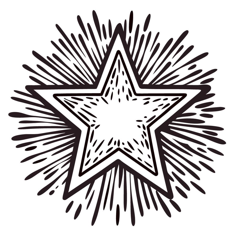Hand drawn vintage star with radiating burst lines and sketch engraving illustration vector