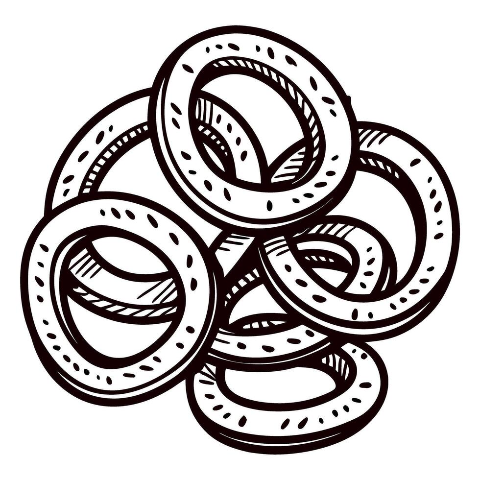Hand drawn pile of intertwined onion rings isolated on white background vintage snack food sketch illustration vector