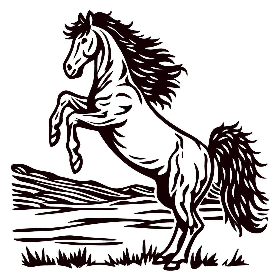 Rearing stallion engraved wild horse outlined illustration, dynamic mane, prairie landscape, detailed hoofs, sketch drawing vector