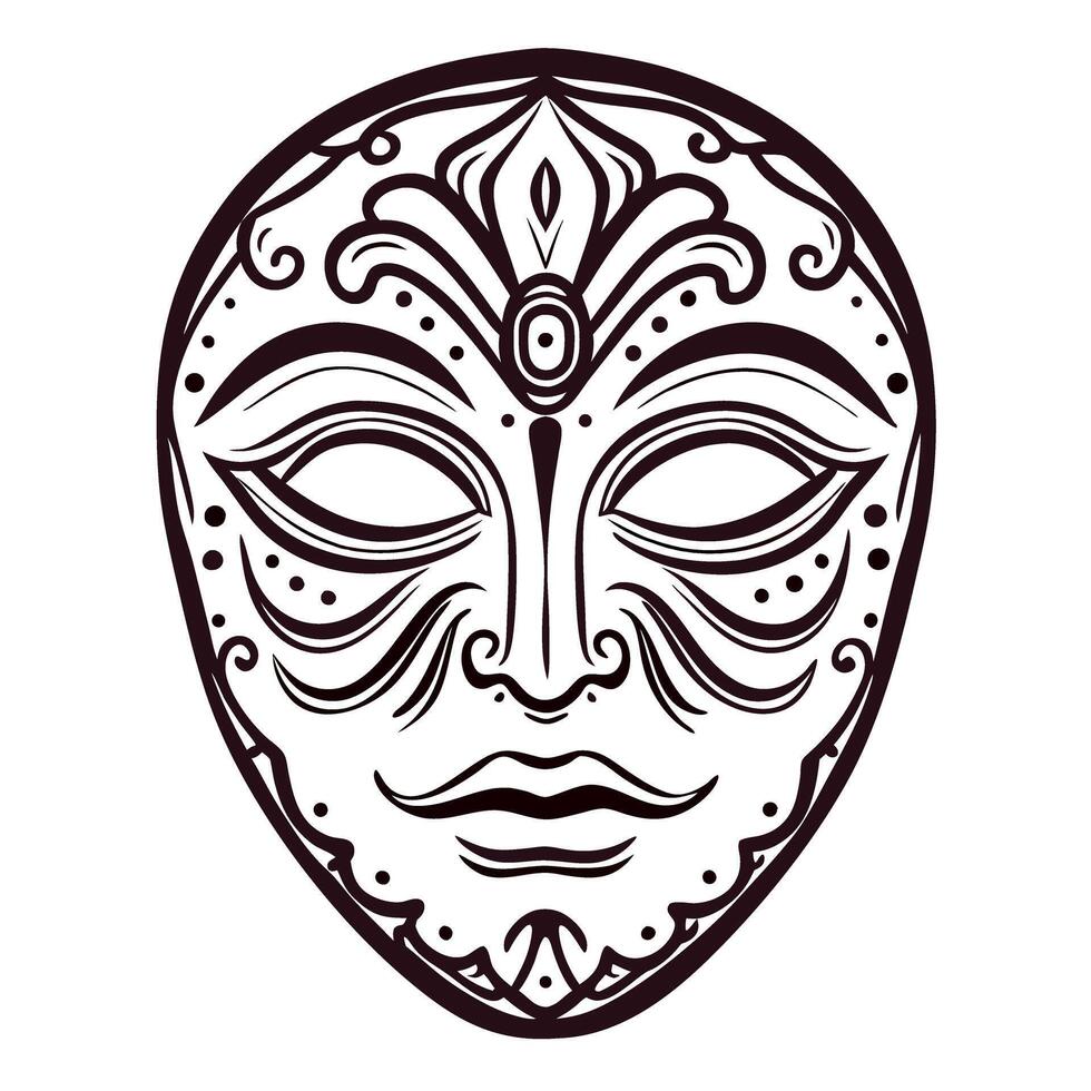Intricate ornamental face mask with symmetrical tribal patterns and decorative motifs on a white background vector