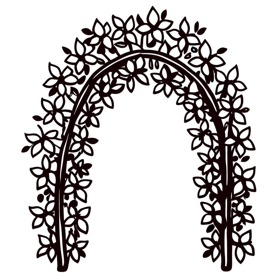 Decorative floral archway with intricate blooming flowers and leaves silhouette on white background vector