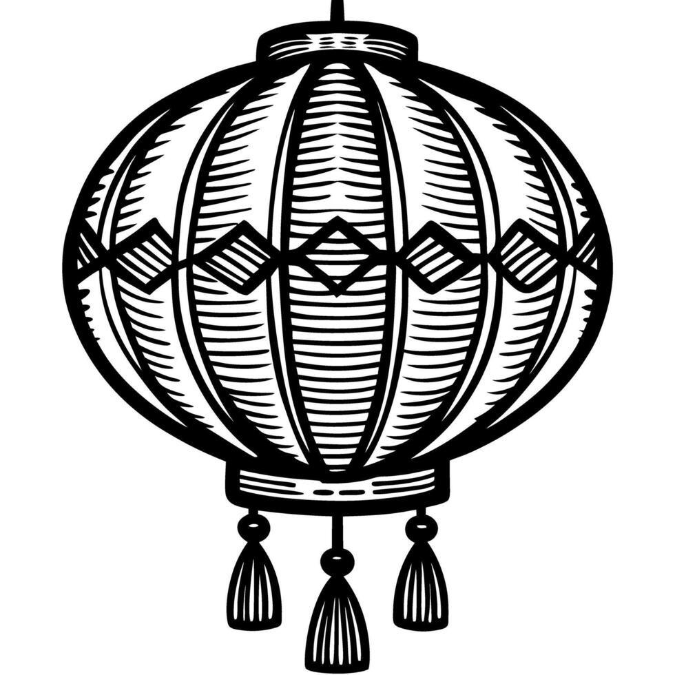 Hand drawn chinese paper lantern illustration with decorative tassels and geometric patterns, vintage vector