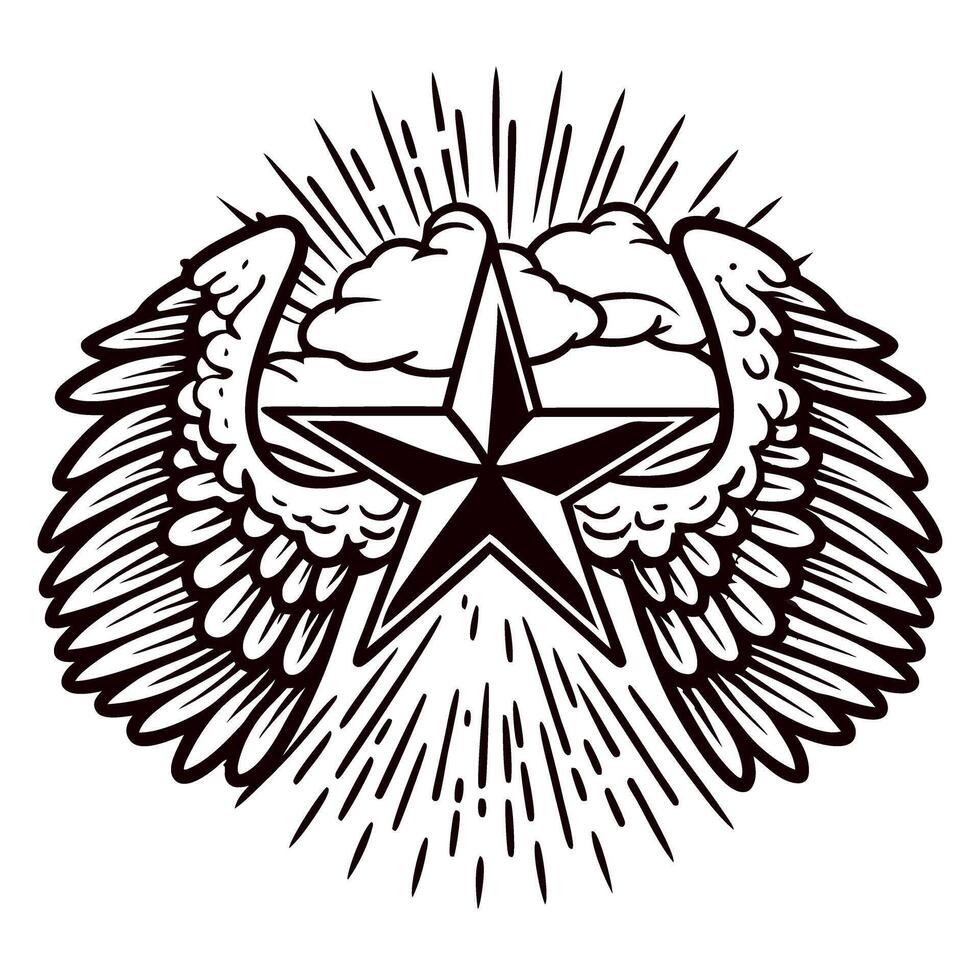 Detailed vintage winged star with radiant beams and clouds monochrome emblem sketch illustration in retro engraved vector