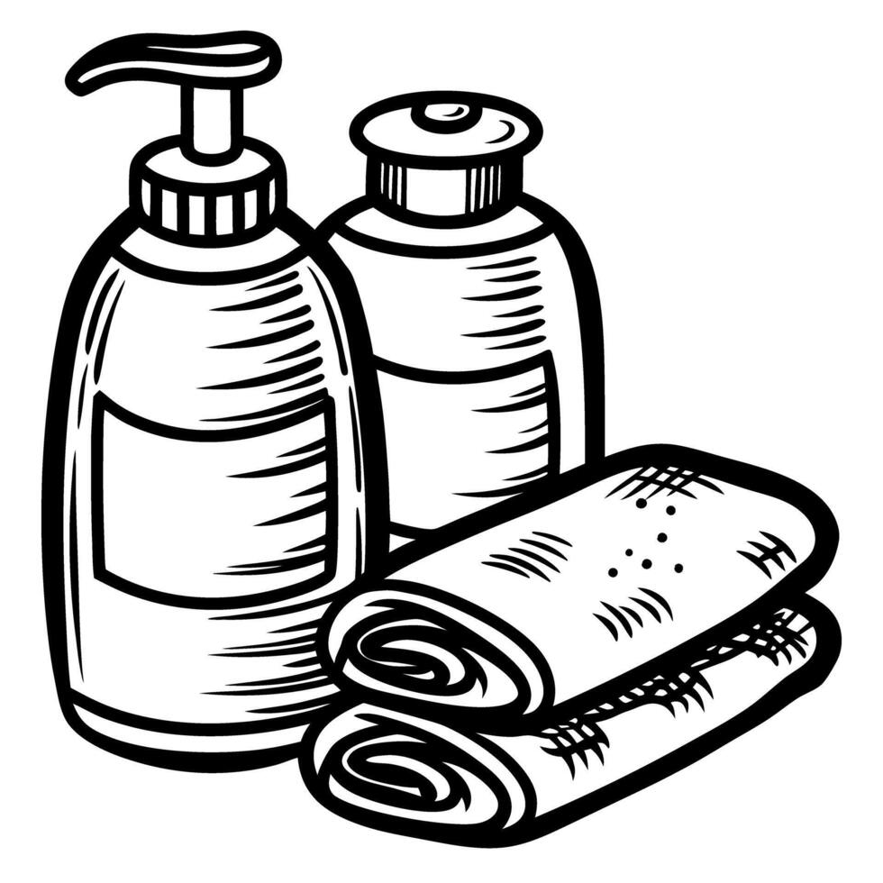 Hand drawn soap dispenser and rolled towels black and white engraved illustration for hygiene and bathroom decor vector