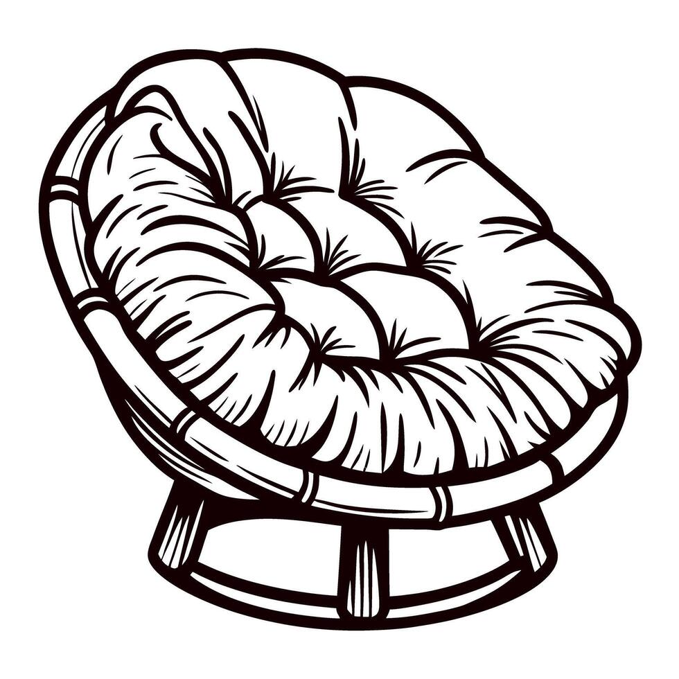 Hand drawn vintage papasan chair with cushion, cozy bohemian rattan furniture sketch, black and white illustration vector