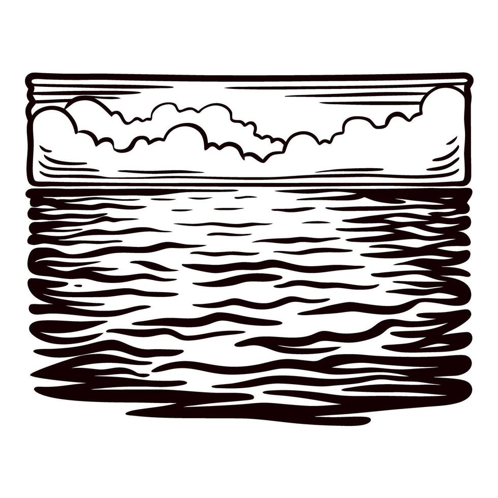 Hand drawn ocean waves with clouds vintage engraved seascape sketch illustration isolated on white background vector