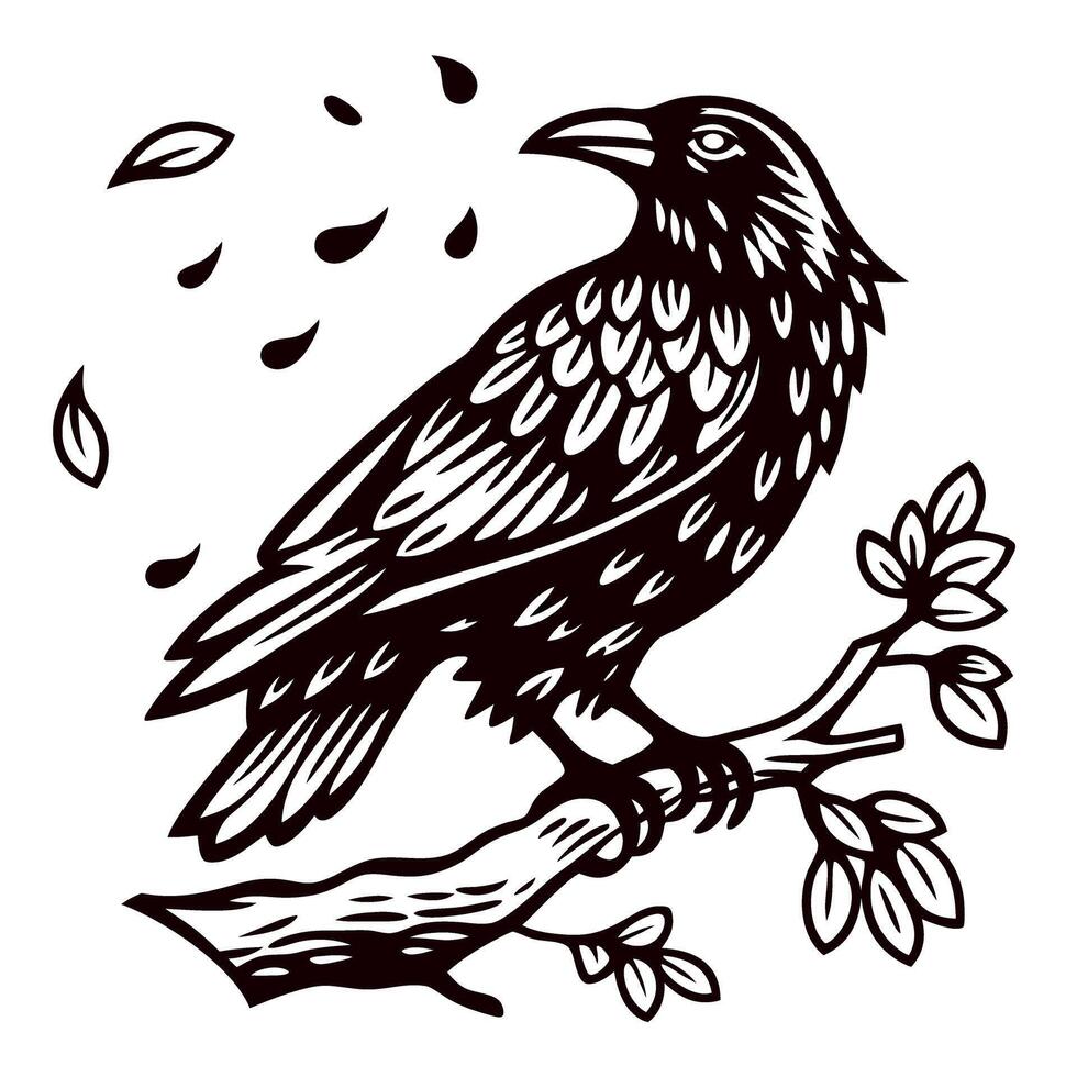 Intricate black raven perched on a tree branch with falling leaves hand drawn vintage engraving illustration vector