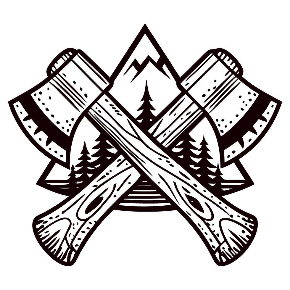 Vintage crossed axes emblem with mountain and pine trees illustration, rustic outdoors adventure graphic vector