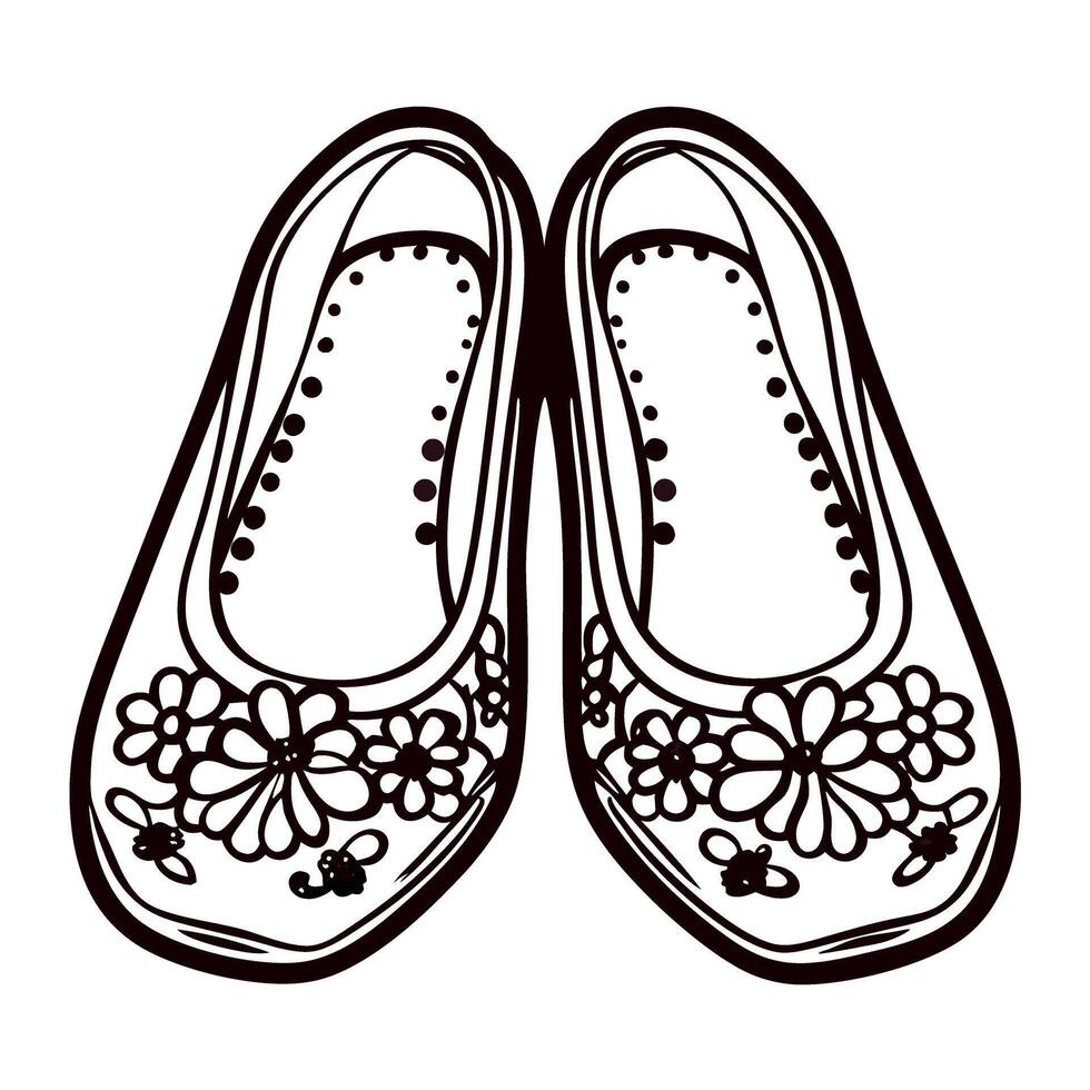 Hand drawn ballerina shoes with floral decoration and detailed ornamental pattern, illustration vector