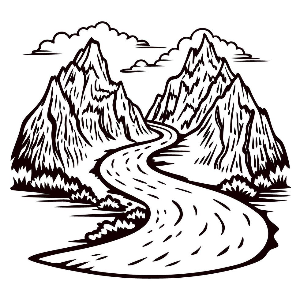 Hand drawn river landscape with mountain peaks and clouds, vintage engraved illustration vector