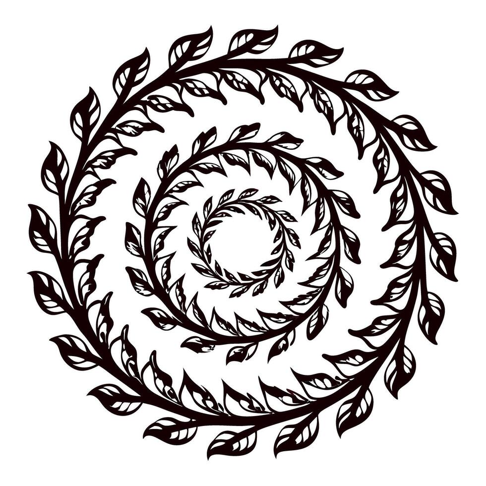 Spiral leaf wreath with intricate swirling branches and foliage in decorative botanical pattern illustration vector
