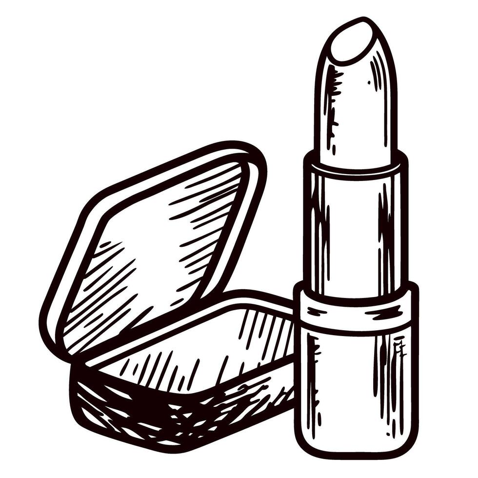 Hand drawn lipstick with open case in vintage engraved on white background vector