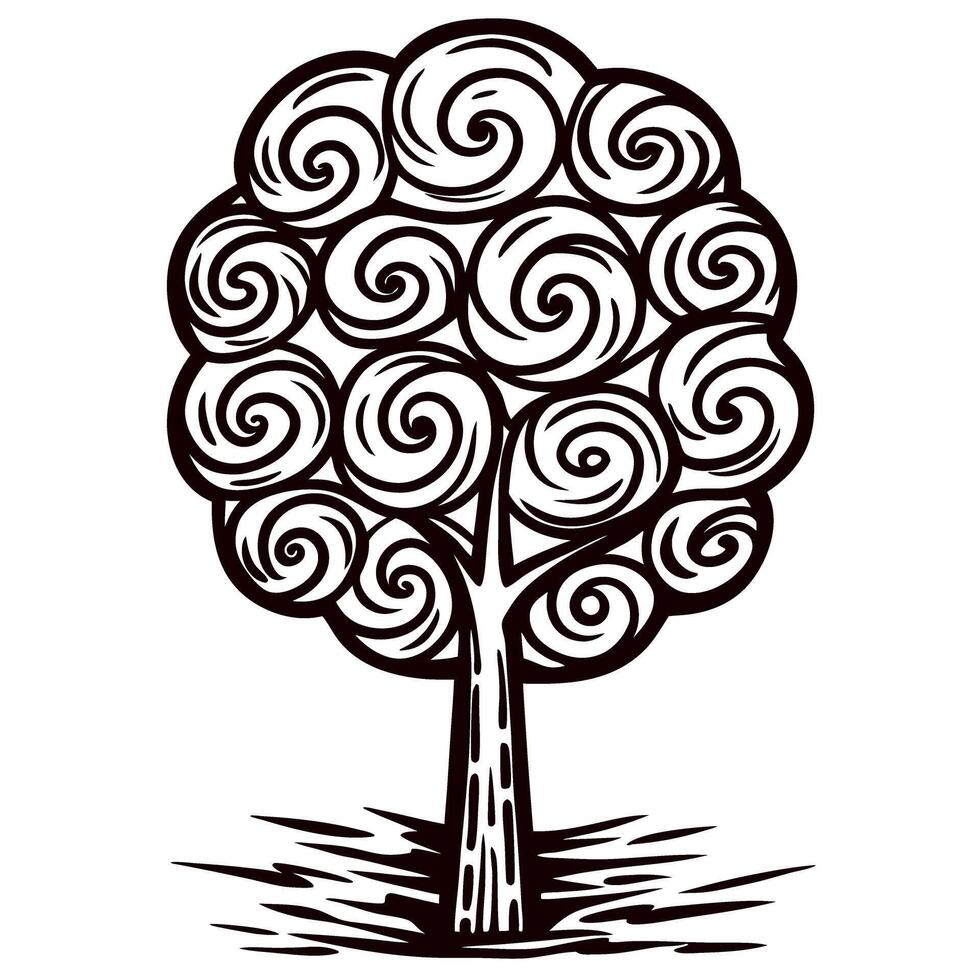 Whimsical swirling tree illustration with abstract round foliage and decorative trunk on white background vector