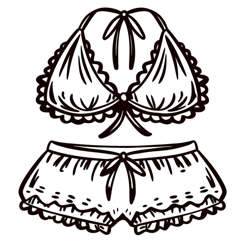 Hand drawn lacy bralette and shorts set vintage engraved lingerie isolated on white background vector