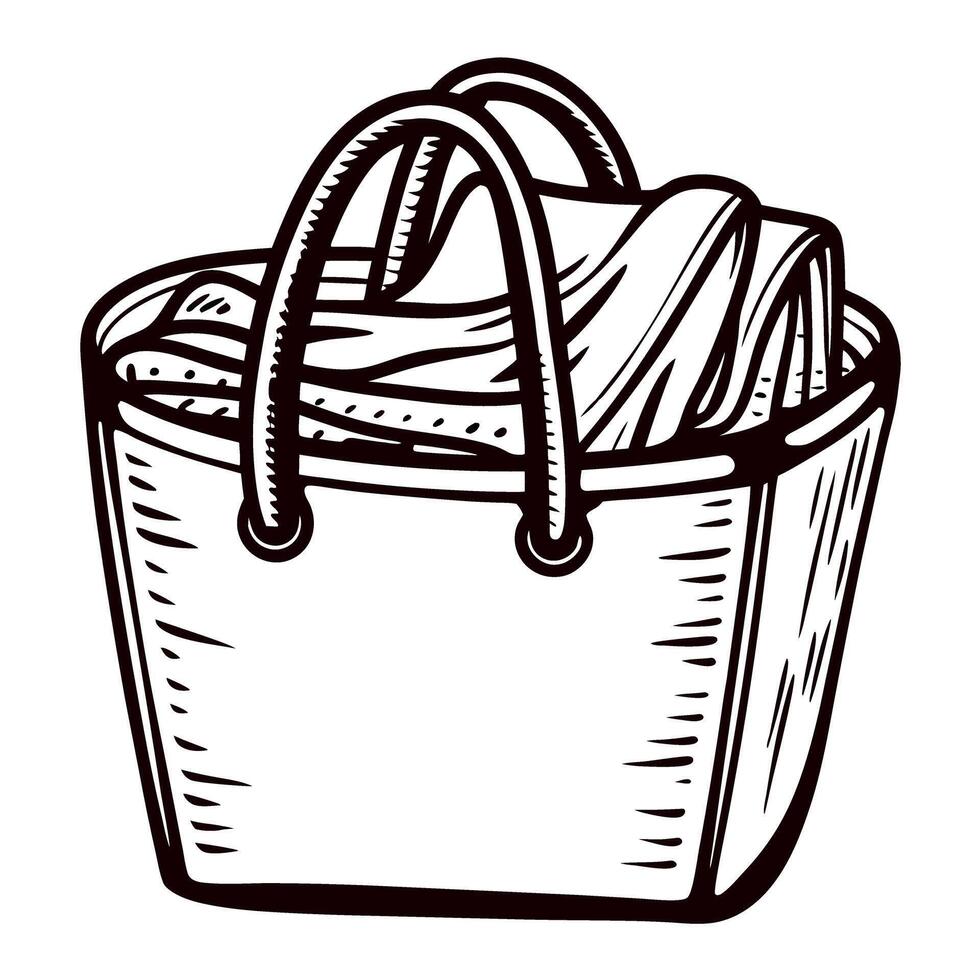 Hand drawn tote bag with folded fabric inside vintage sketch illustration of reusable shopping bag vector