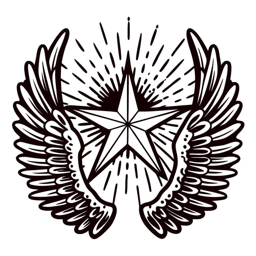 Hand drawn five pointed star with radiant lines and spread feathered wings on white background vector