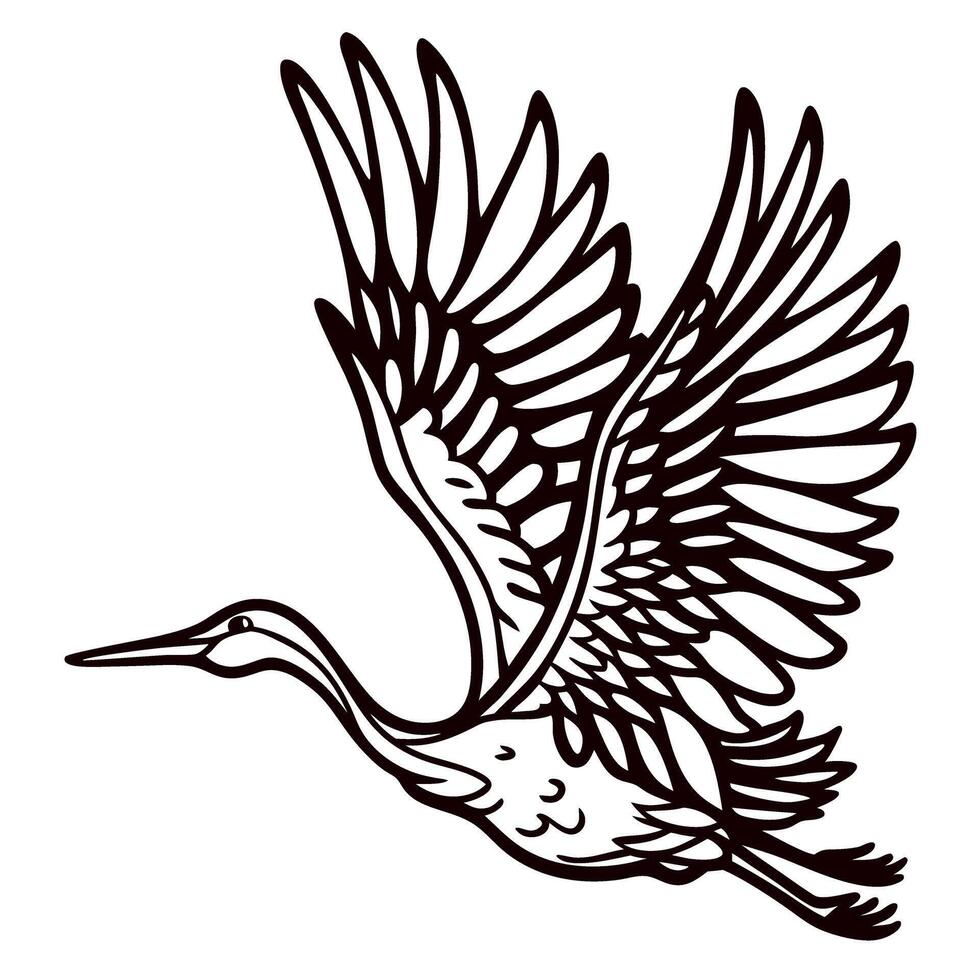 elegant hand drawn crane in flight with outstretched wings, vintage black and white ink illustration vector