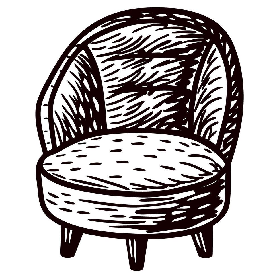 Hand drawn armchair illustration with textured upholstery and rounded backrest in engraved vintage vector