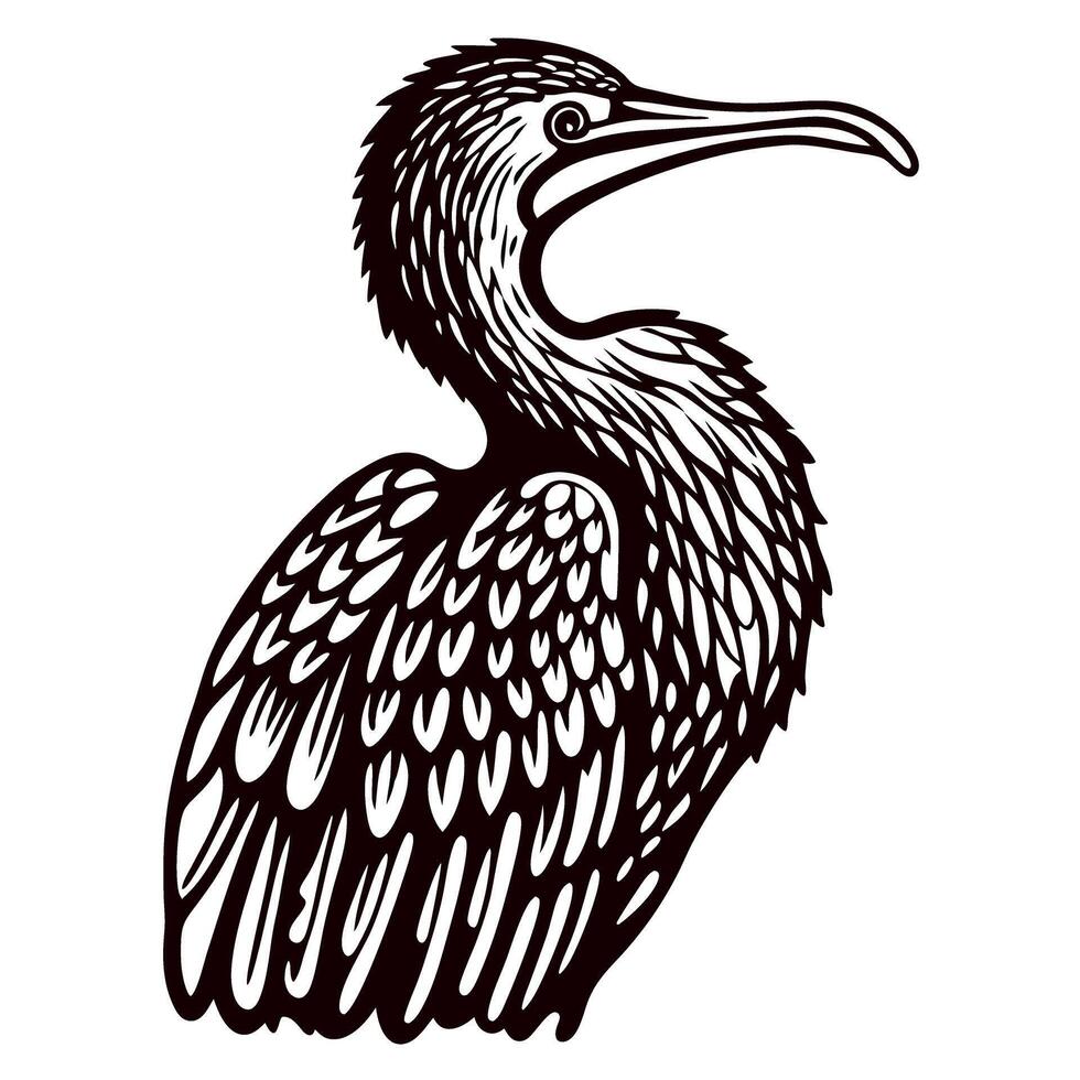 Detailed vintage illustration of cormorant bird in profile intricate black and white hand drawn wildlife art vector