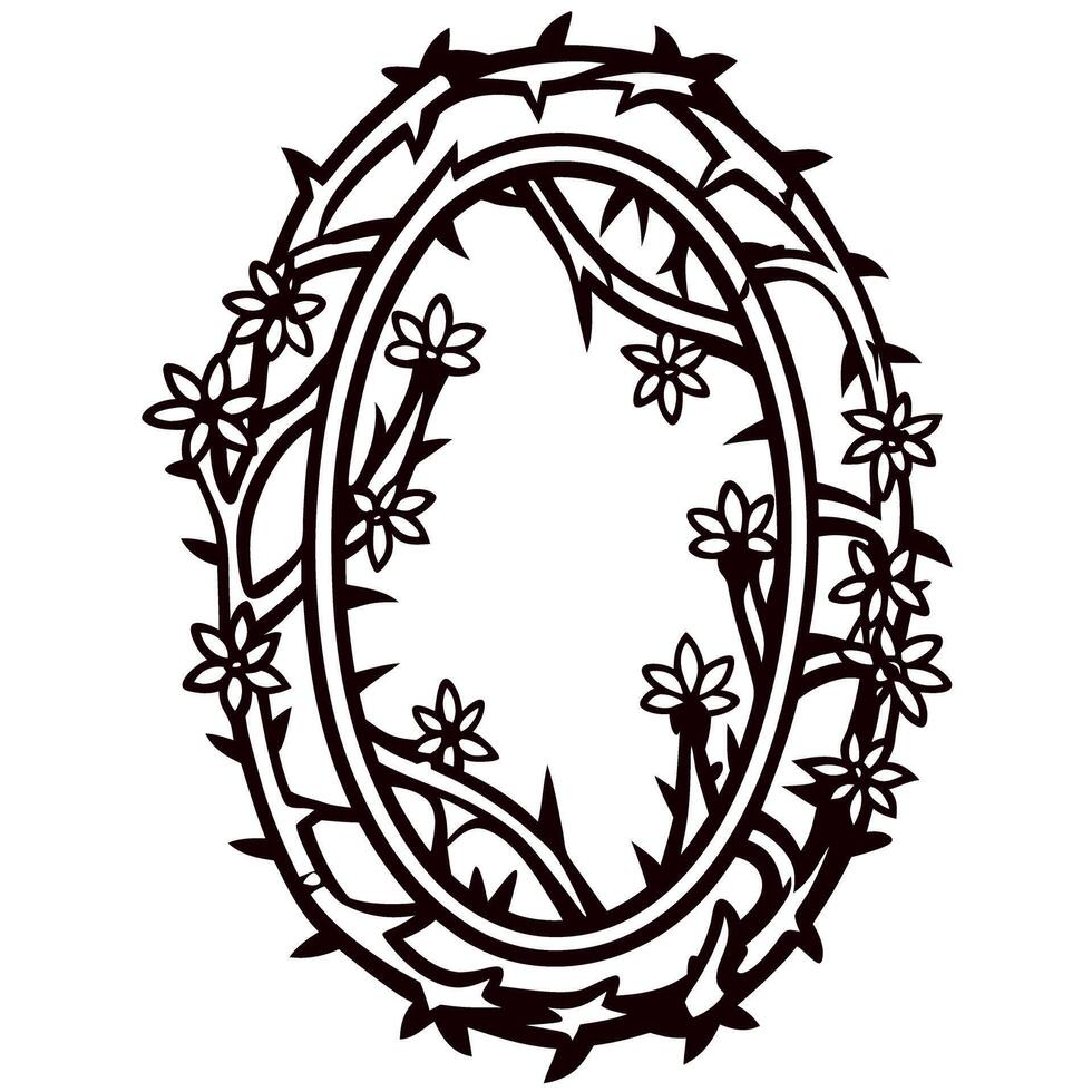 Floral oval frame with vines and blooming flowers, hand drawn botanical border illustration in black and white vector