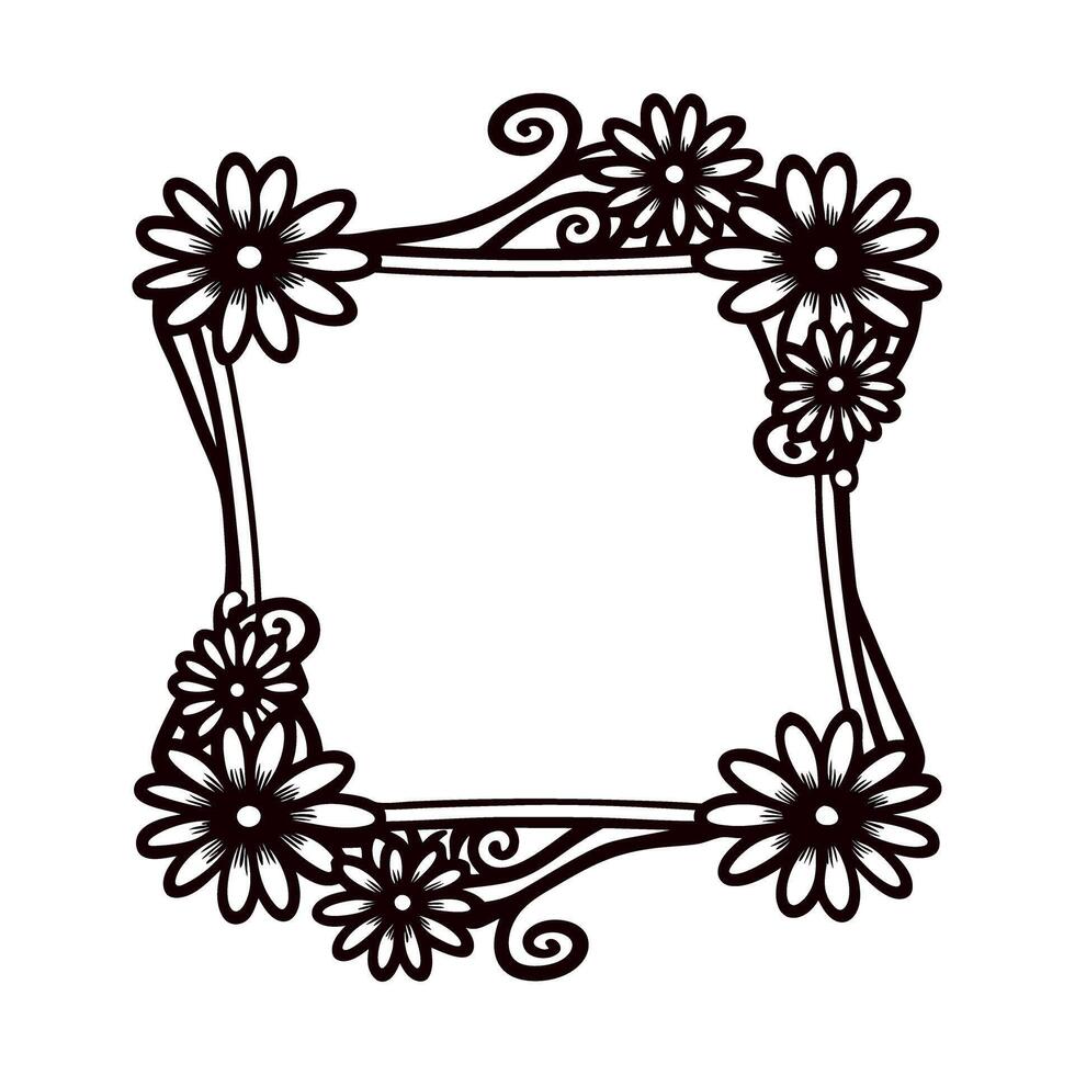 Decorative floral square frame with daisies and swirls in hand drawn vintage illustration vector
