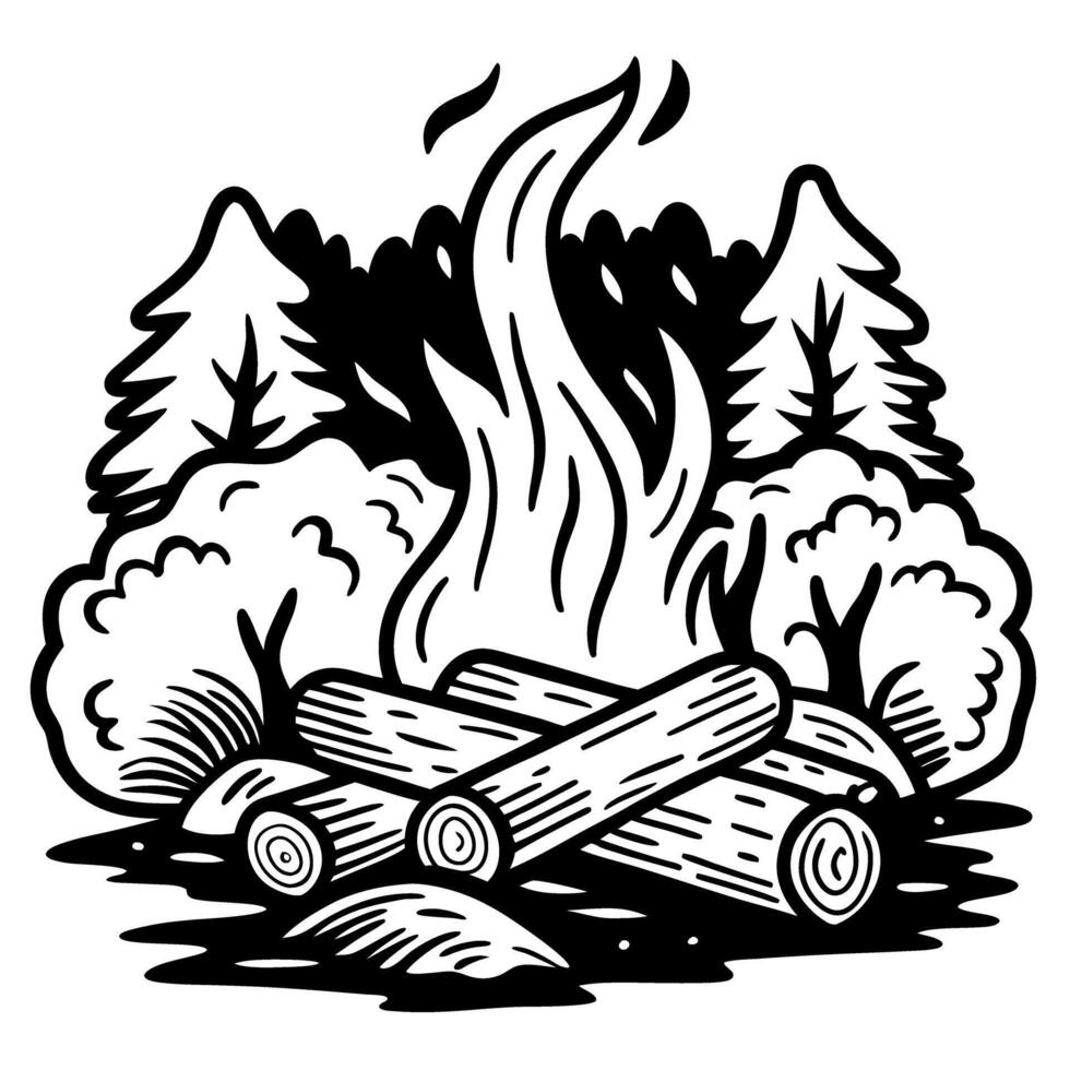 Hand drawn campfire with burning logs and flame in forest with trees and bushes vintage illustration vector