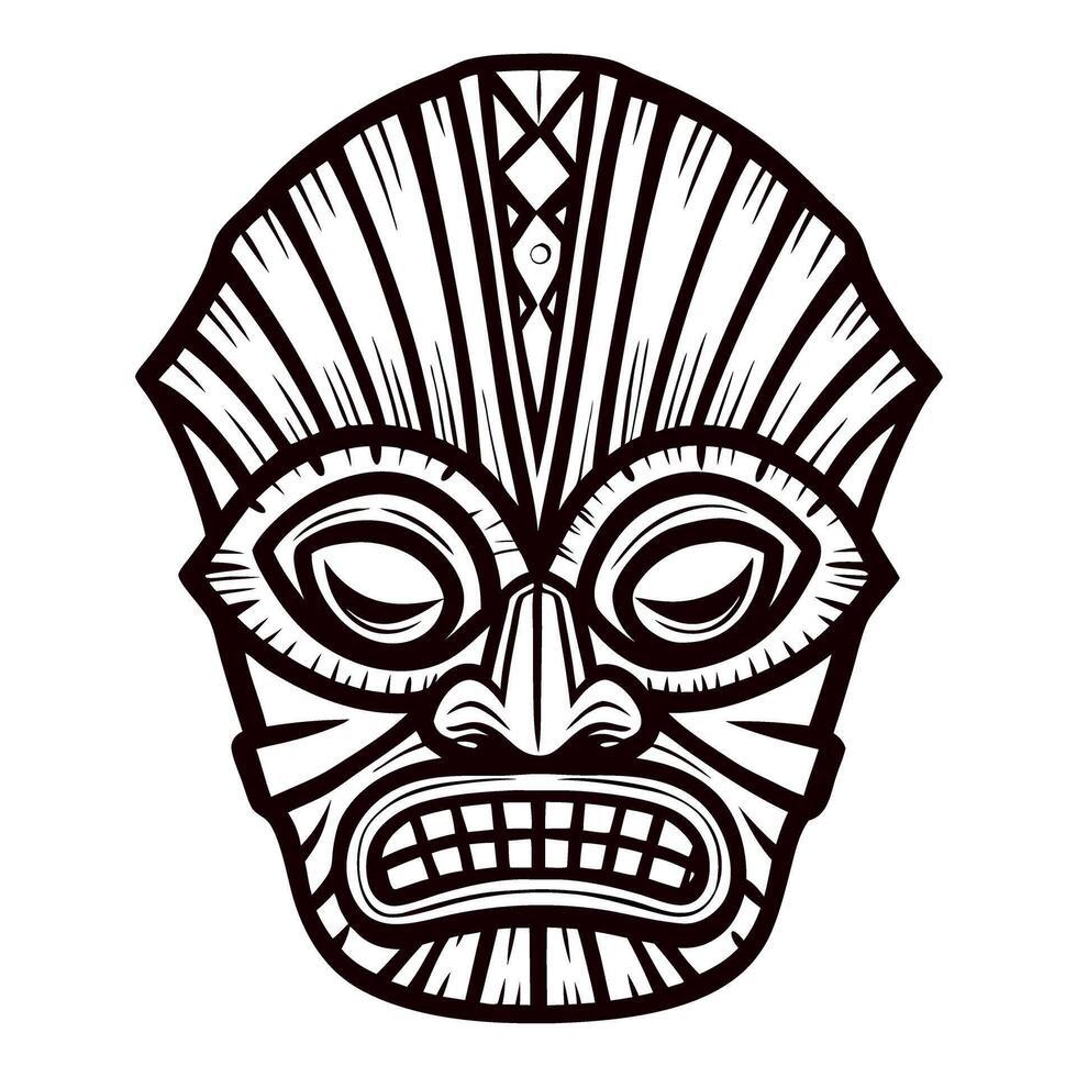 Intricately detailed tribal mask illustration with bold lines and symmetrical geometric patterns vector