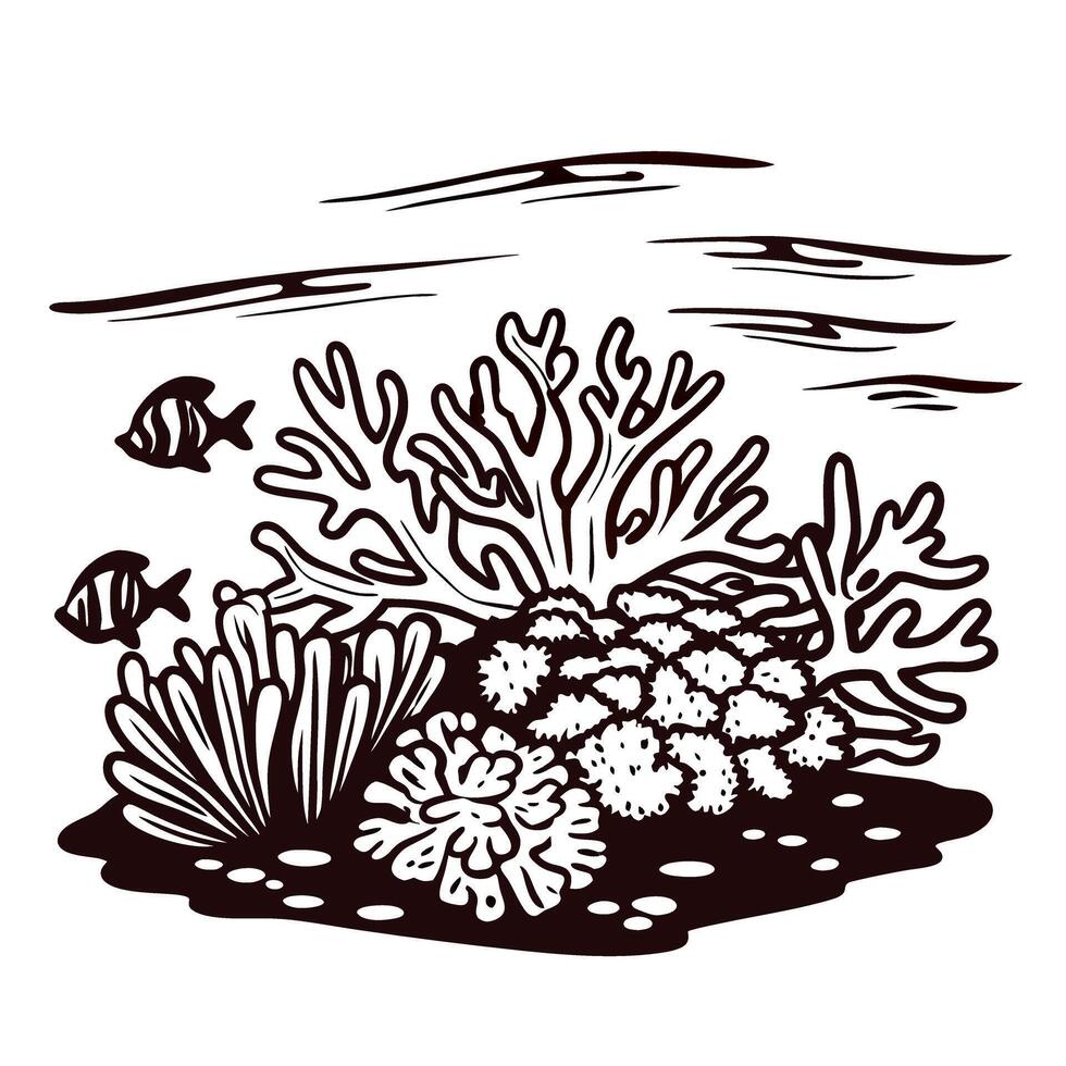 Hand drawn underwater coral reef scene with fish and sea plants in black and white illustration vector