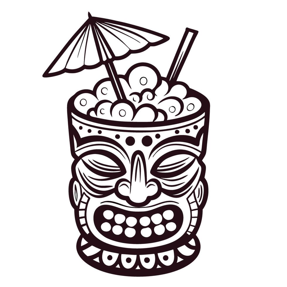 Monochrome tiki cocktail mug illustration with umbrella and straw filled with ice and tropical drink topping vector