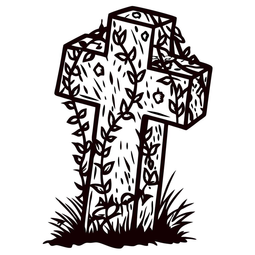 Vintage engraved illustration of old stone cross covered with ivy and grass, hand drawn sketch isolated on white background vector