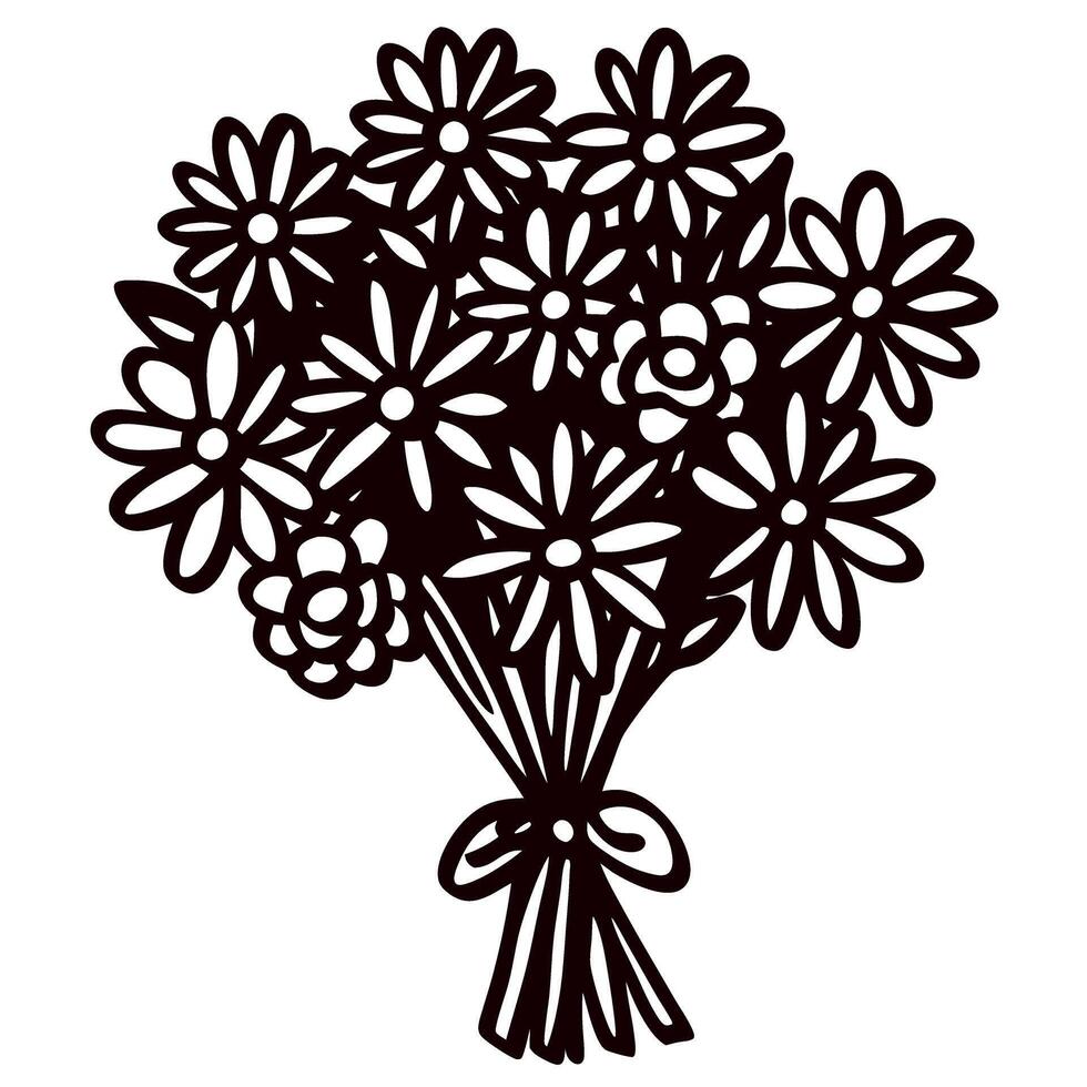 silhouette illustration of hand tied bouquet with daisies and roses tied with ribbon on white background vector
