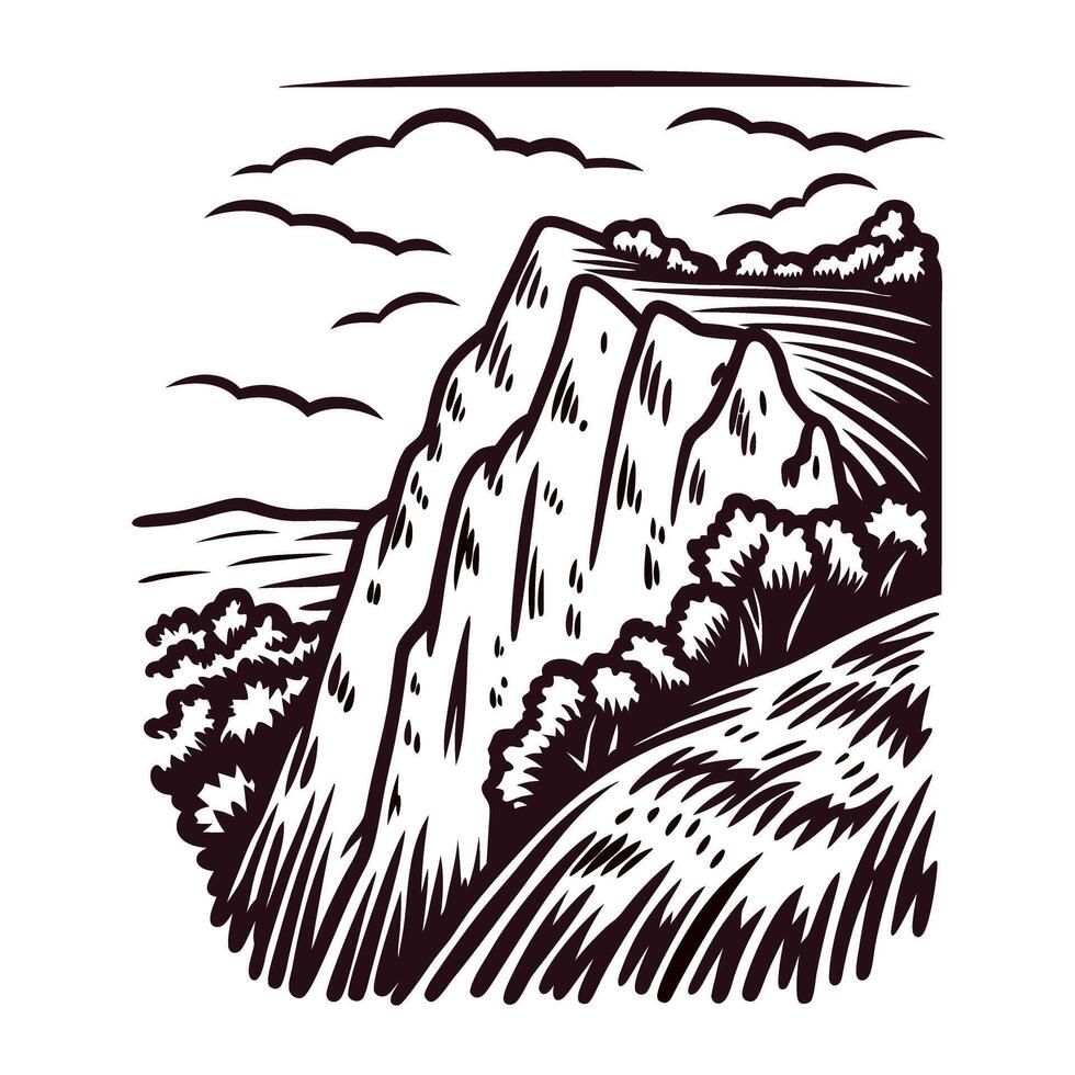 Hand drawn mountain cliff with trees and clouds in vintage engraved black and white illustration vector