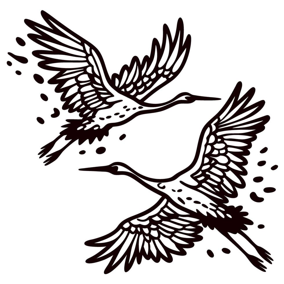 Two elegant flying cranes with outstretched wings in vintage hand drawn black and white engraved illustration vector