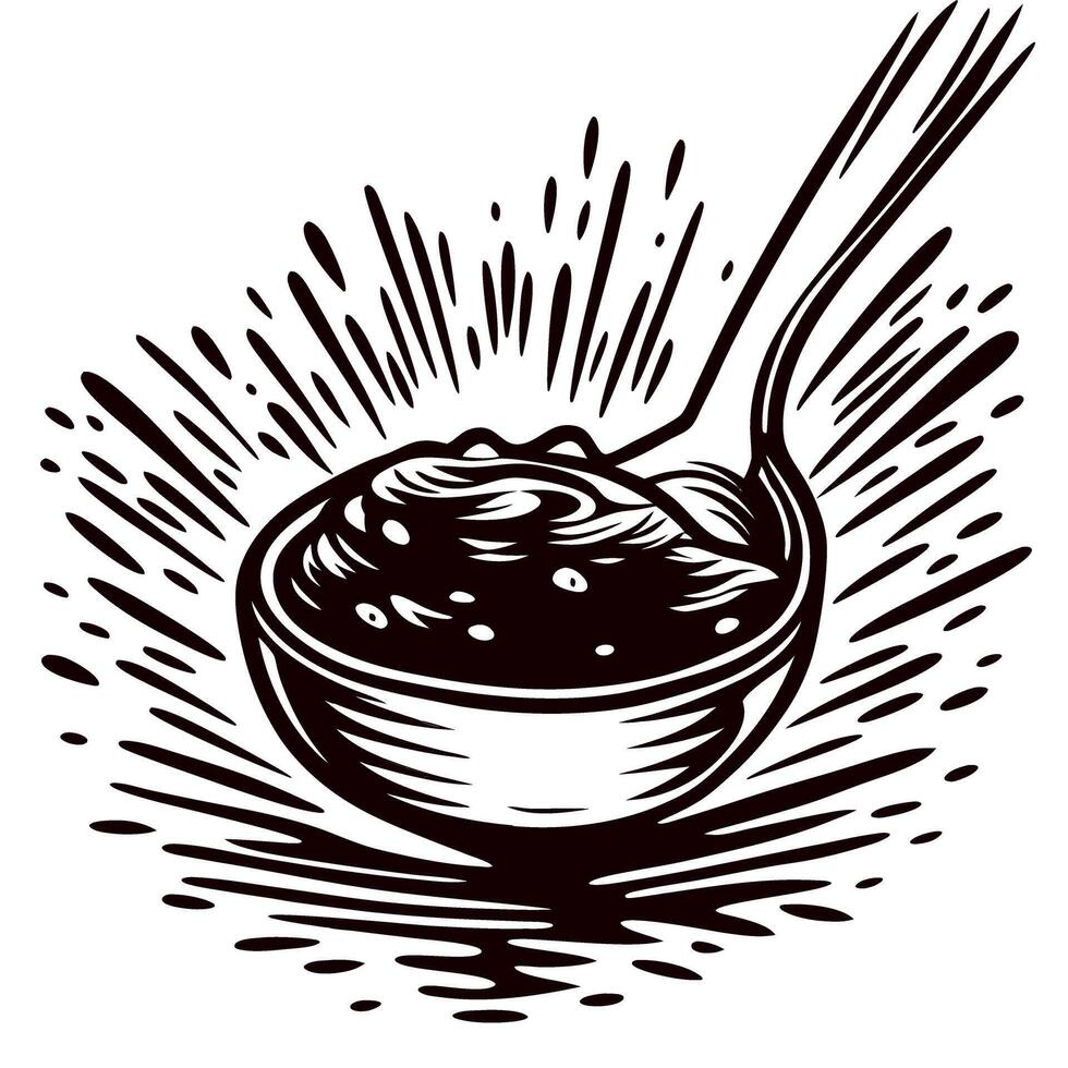 Hand drawn vintage ladle with soup sketch engraved culinary utensil illustration in retro with liquid splash vector