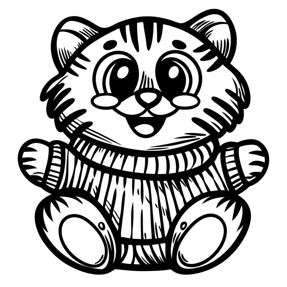 Cute cat in a knitted sweater hand drawn black and white outlined kitten character illustration vector