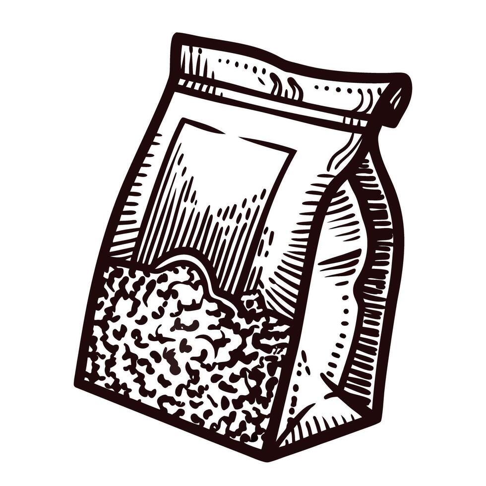 Hand drawn paper bag filled with granular food vintage engraved illustration of packaging with grains or seeds vector