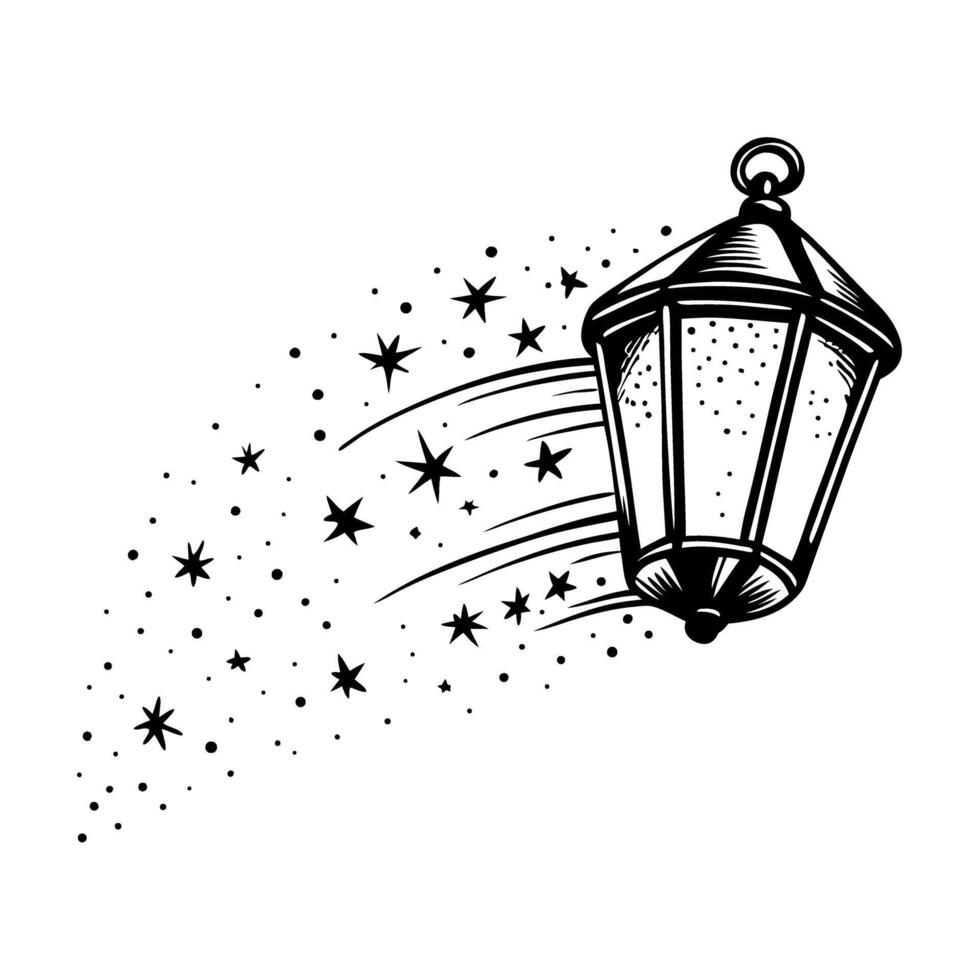 Vintage lantern with swirling stars, hand drawn in black ink, magical glowing light illustration on white background vector