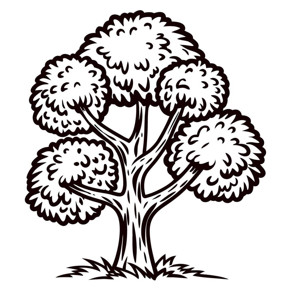 Hand drawn leafy tree illustration with thick branches and foliage isolated on white background vector
