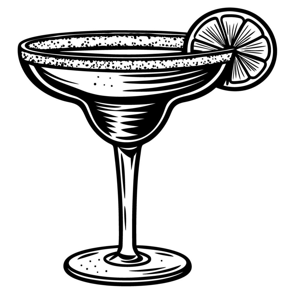 Hand drawn margarita cocktail glass with salted rim and lime slice, vintage engraving illustration isolated on white vector