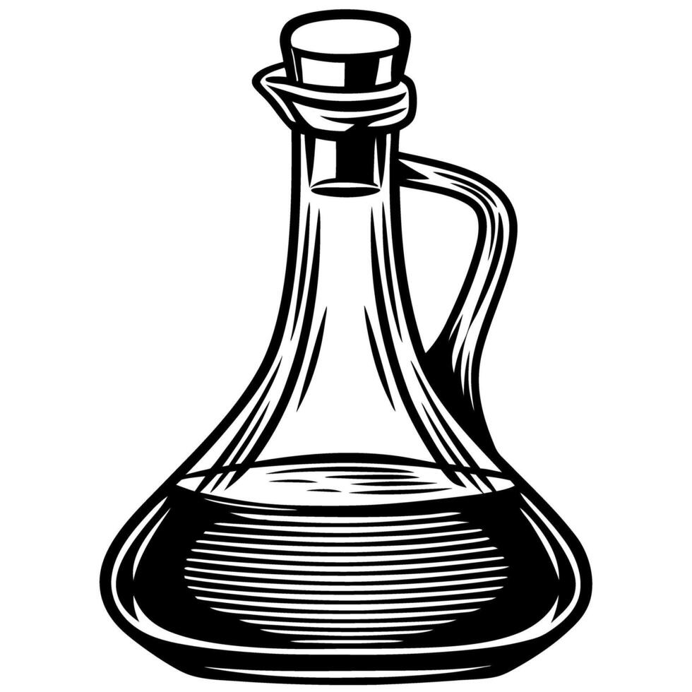 Hand drawn glass cruet filled with liquid vintage black and white etched illustration on white background vector