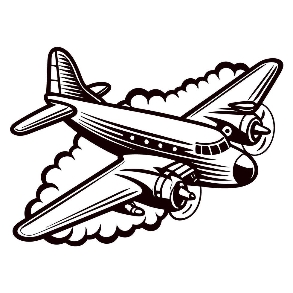 Vintage propeller airplane outlined in with clouds and dynamic flight motion illustration vector