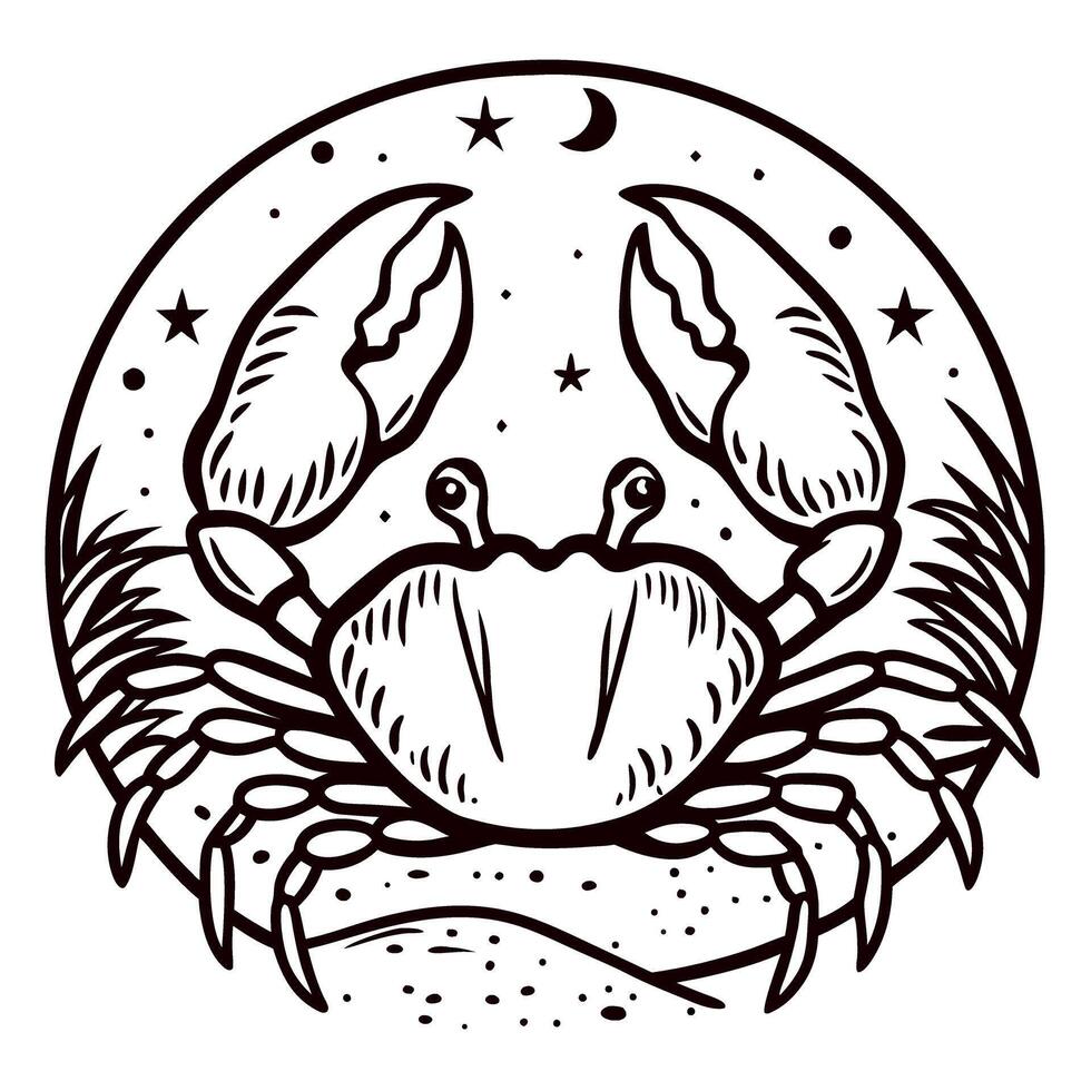 Detailed hand drawn crab with large claws under starry night sky and crescent moon in vintage engraving vector