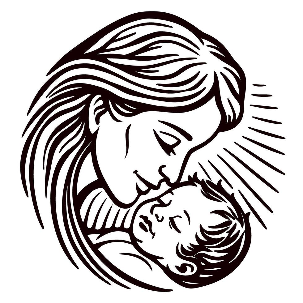 Mother tenderly embracing newborn baby hand drawn sketch illustration showing maternal love and infant bonding vector
