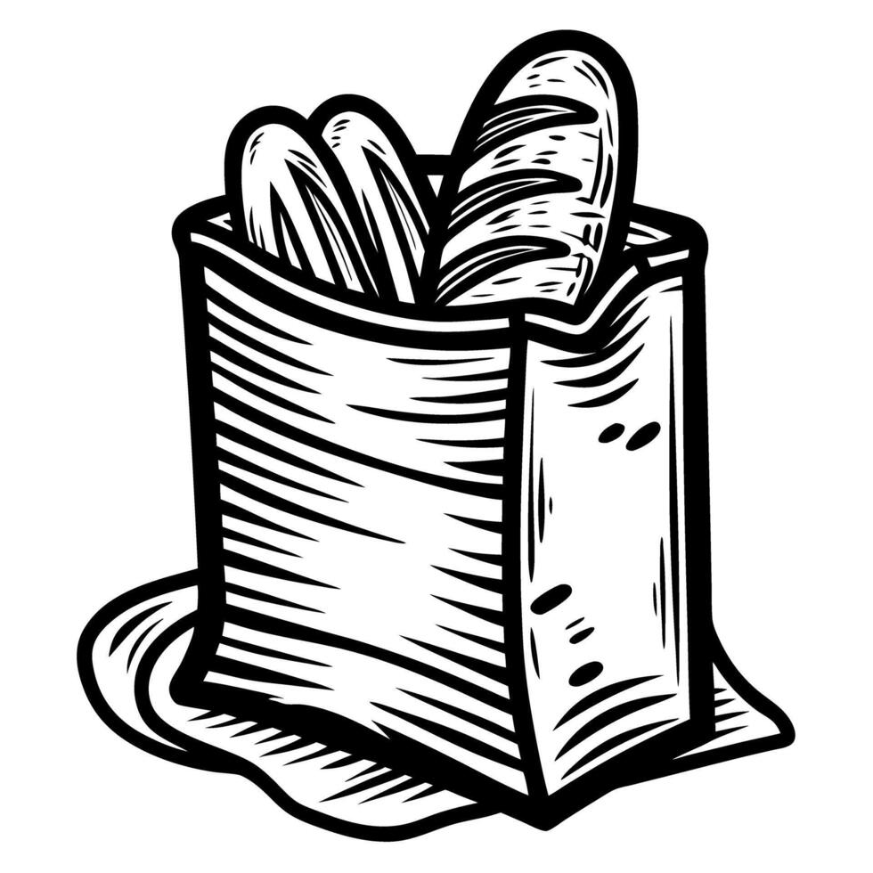 Hand drawn illustration of a paper bag with baguette and loaf bread in vintage engraving vector