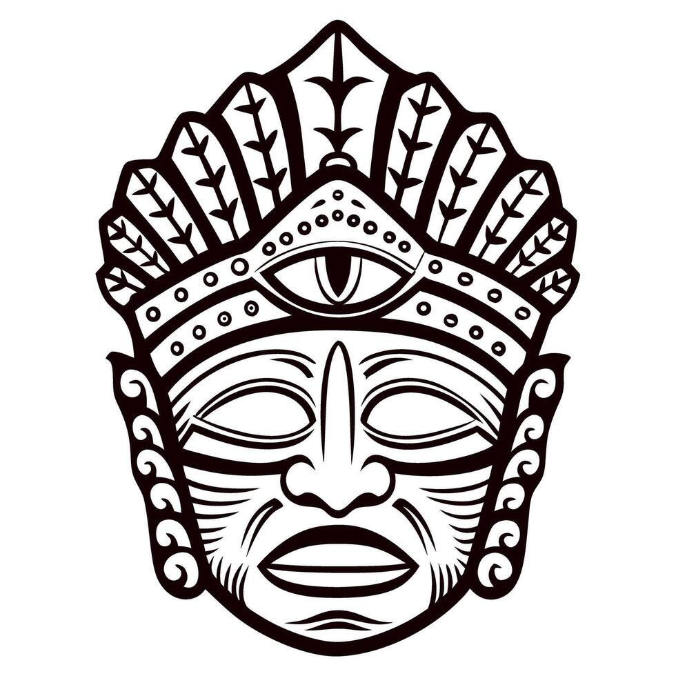 Intricate tribal mask with ornate headdress and abstract third eye design in bold black outline vector